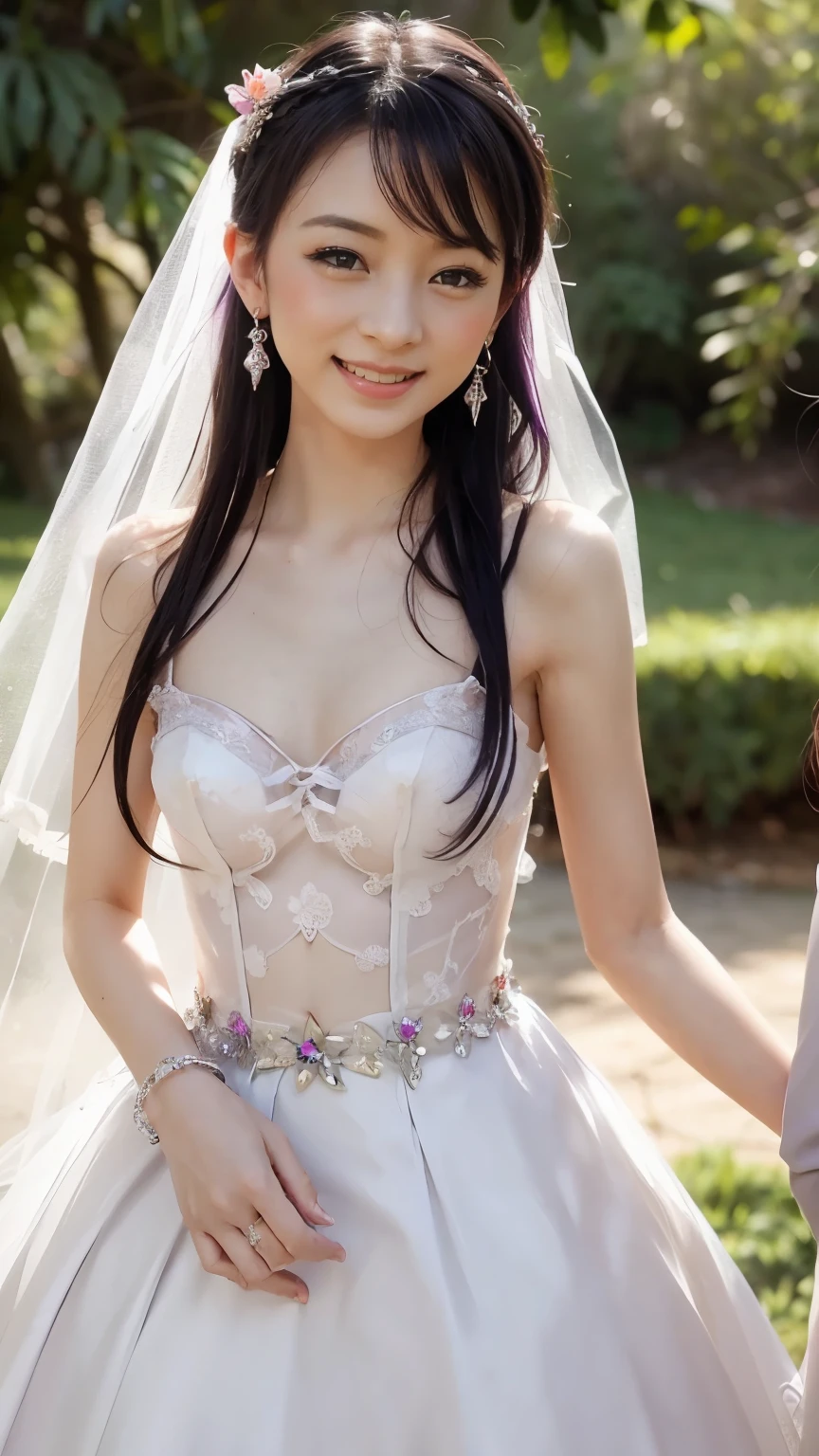 Wedding Dress , Lavender ,Flower ,Transparency ,Light , female in her 20s ,In nature ,Small breasts , Rainbow , hair flower, smiles, Half Up Hairstyle, crystal earrings, glitter effect, wind