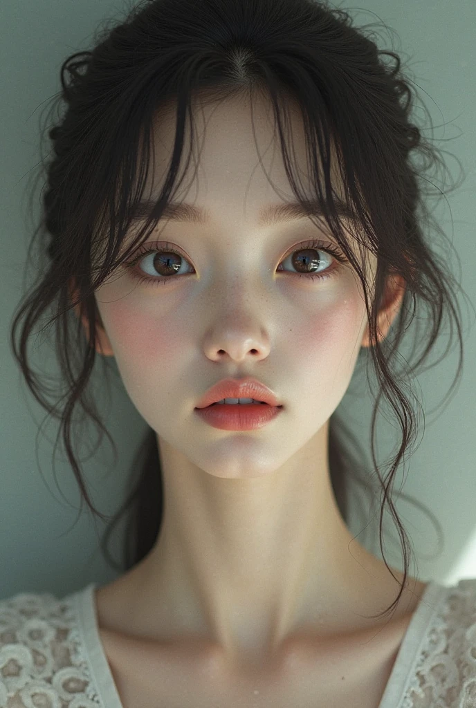 Japanese woman, 20-year-old girl, serious expression, beautiful features, K-pop idol face, natural hairstyle, detailed face, super high resolution, double eyelids, large black eyes, elegant, clear skin, shiny T-shirt, down hair, random hairstyle, random pose, natural light, thin chin, small face 