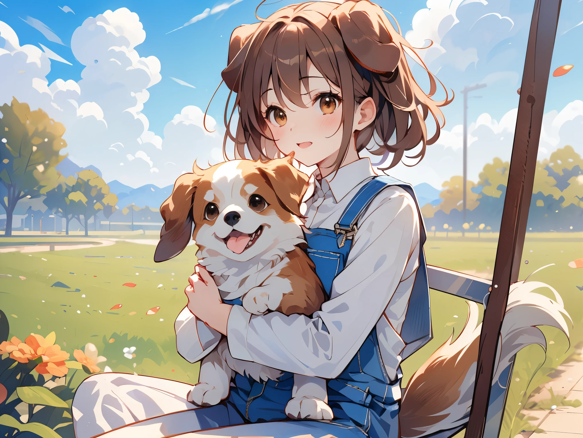 Portrait of a girl with a dog, girl holding a dog, dog breed (Papillon), Girl (brown hair, wearing overalls), Sitting on a swing in the park, Clear skies, cumulonimbus clouds, Dog licking girl's cheek