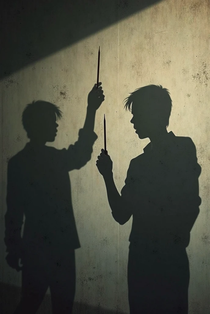 Twins dressed in shirts and trousers with knives in their hands, one clean and the other bloody