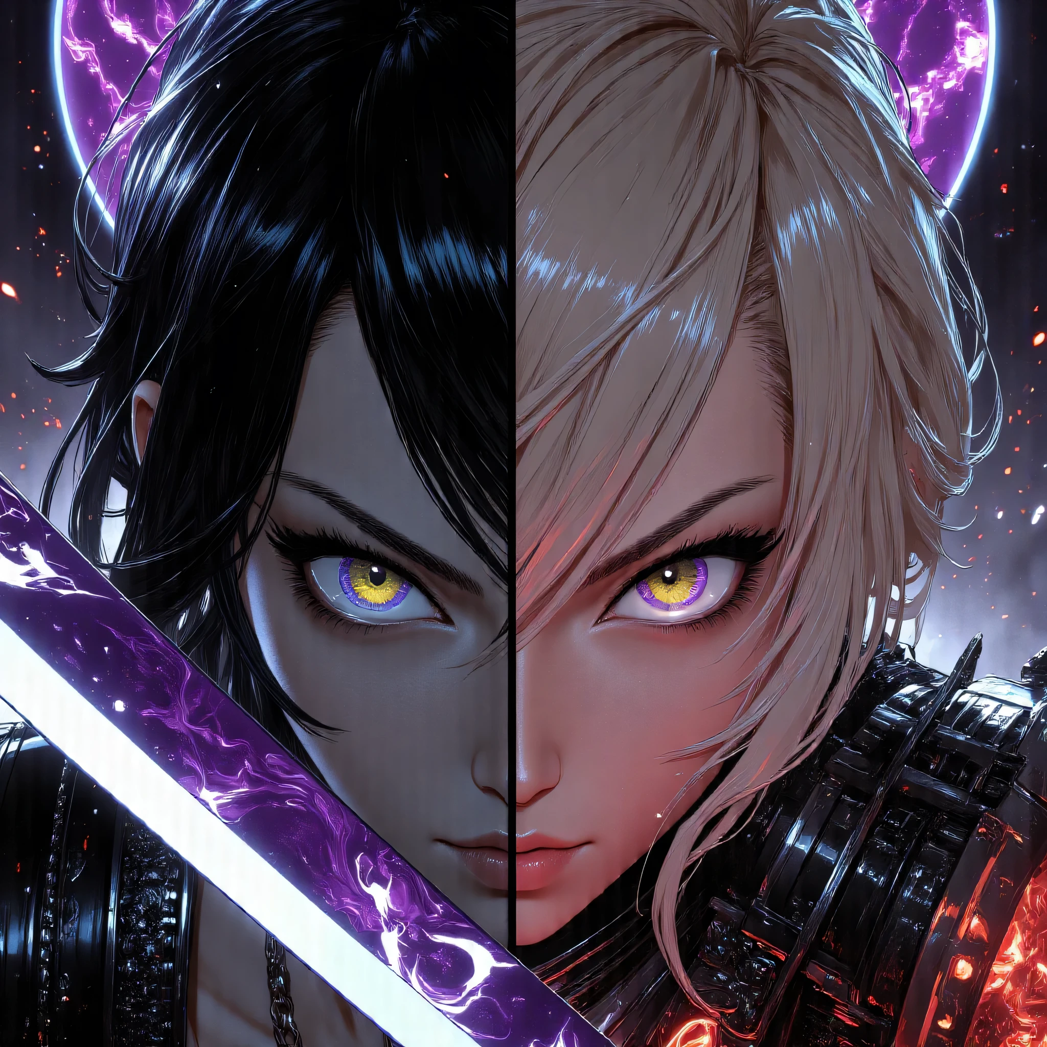(EyesHD:1.2), masterpiece, best quality, ultra-detailed, very aesthetic, sharp focus, depth of field, vibrant colors, ray tracing, best lighting, detailed illustration, detailed background, cinematic, beautiful face,beautiful eyes,

cool girls,2girls,cute,
battle,action,
(black short hair),
(blonde long hair),