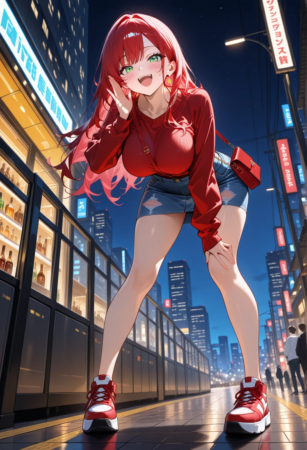 anime screencap, city, 1girl, solo, red hair, blue eyes, lustful, small breasts, closed mouth, ass, wide hips, short top, short shorts, unbuttoned shorts, walking, perfect legs, erotica, back, squatting