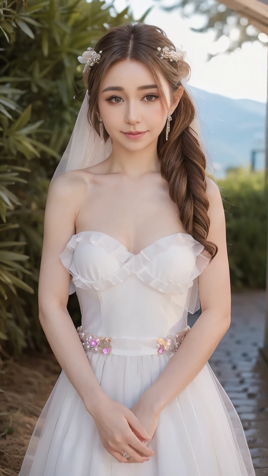 Wedding Dress , Lavender ,Flower ,Transparency ,Light , female in her 20s ,In nature ,Small breasts, peace , Rainbow , hair flower, smiles, Half Up Hairstyle, crystal earrings, glitter effect, wind