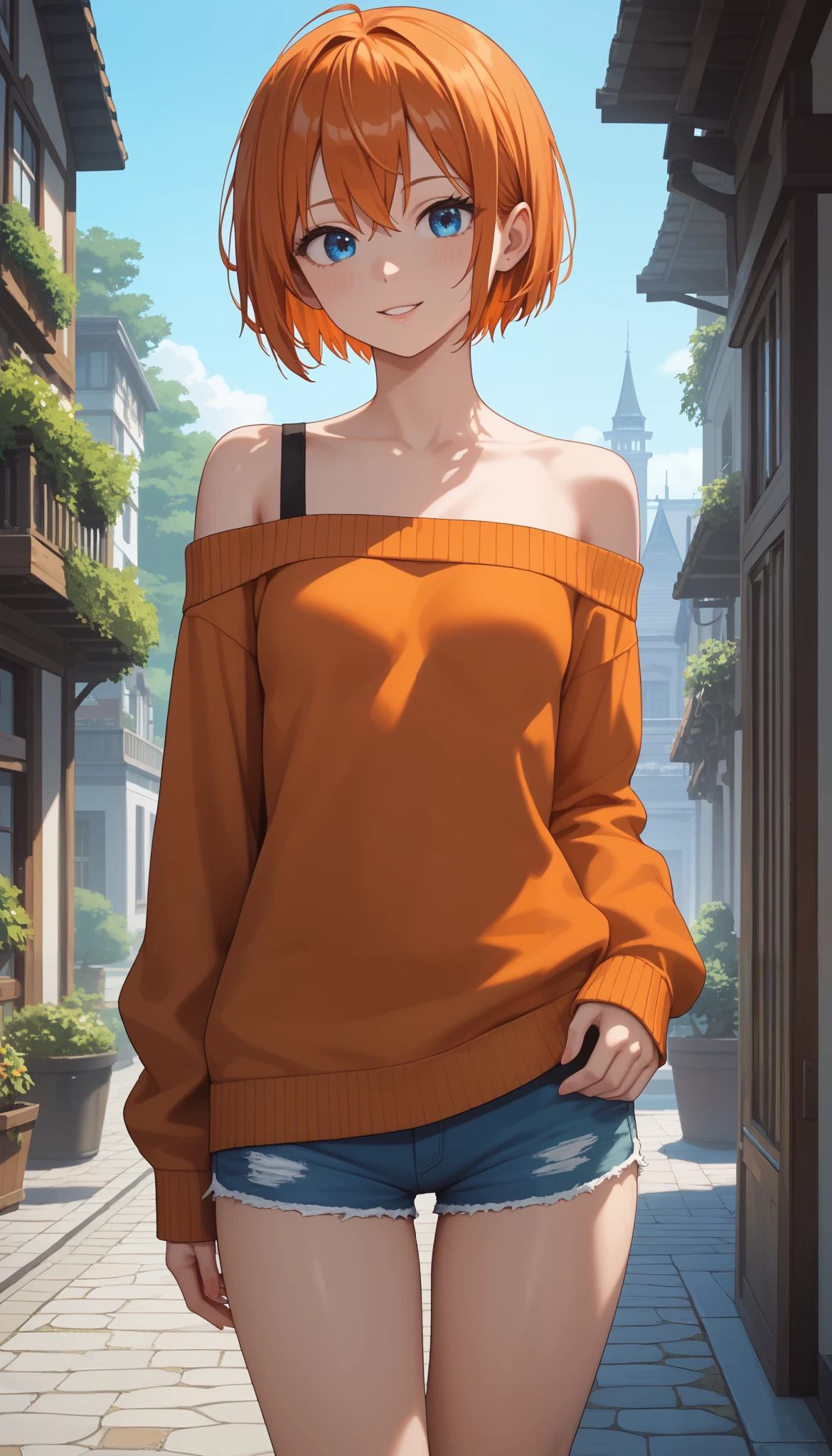 masterpiece,of the best quality, amazing quality, very aesthetic,animated screenshot ,1 girl, Sakura Igawa, orange hair, short hair, dry hair, blue eyes, curvilinear, very small breasts, thigh, off-shoulder sweater, shorts for two, bare shoulder,
