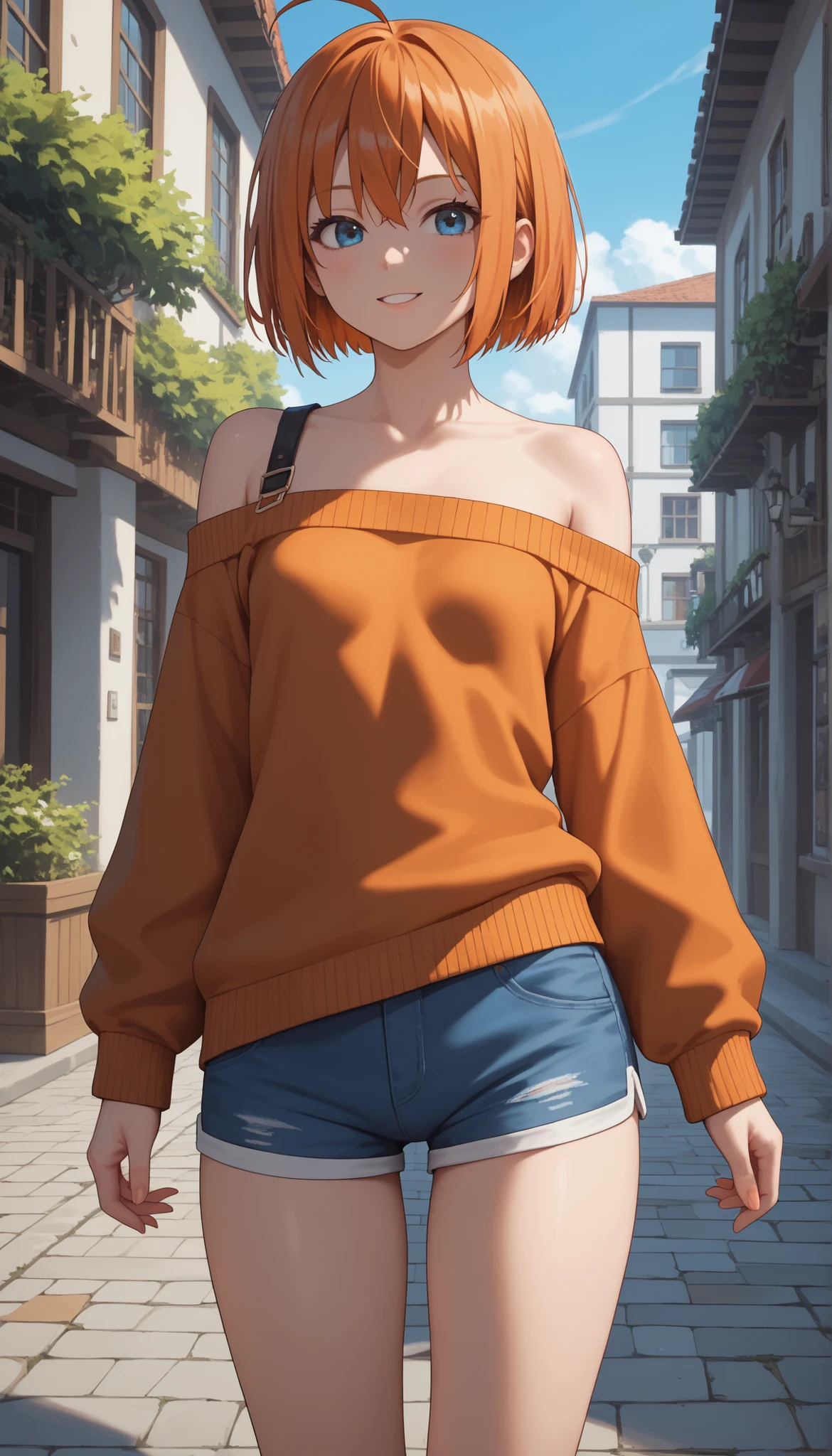 masterpiece,of the best quality, amazing quality, very aesthetic,animated screenshot ,1 girl, Sakura Igawa, orange hair, short hair, dry hair, blue eyes, curvilinear, very small breasts, thigh, off-shoulder sweater, shorts for two, bare shoulder,
