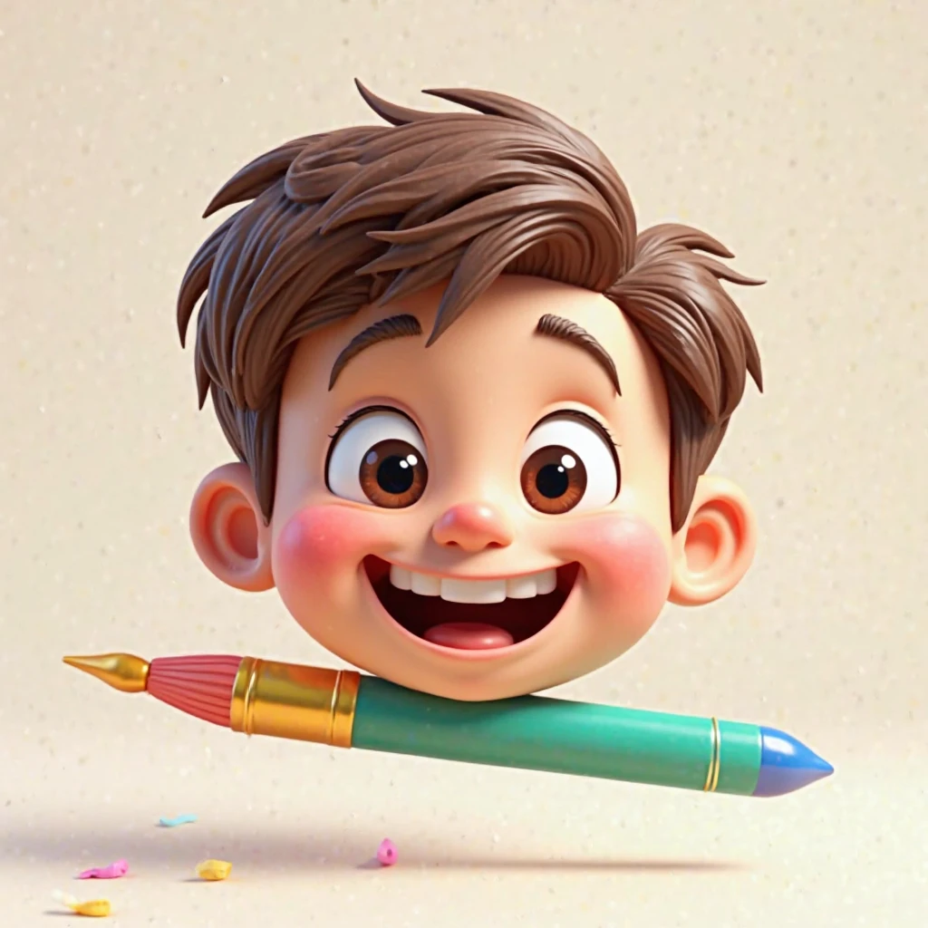 A boy with a head made of pencils,smiling