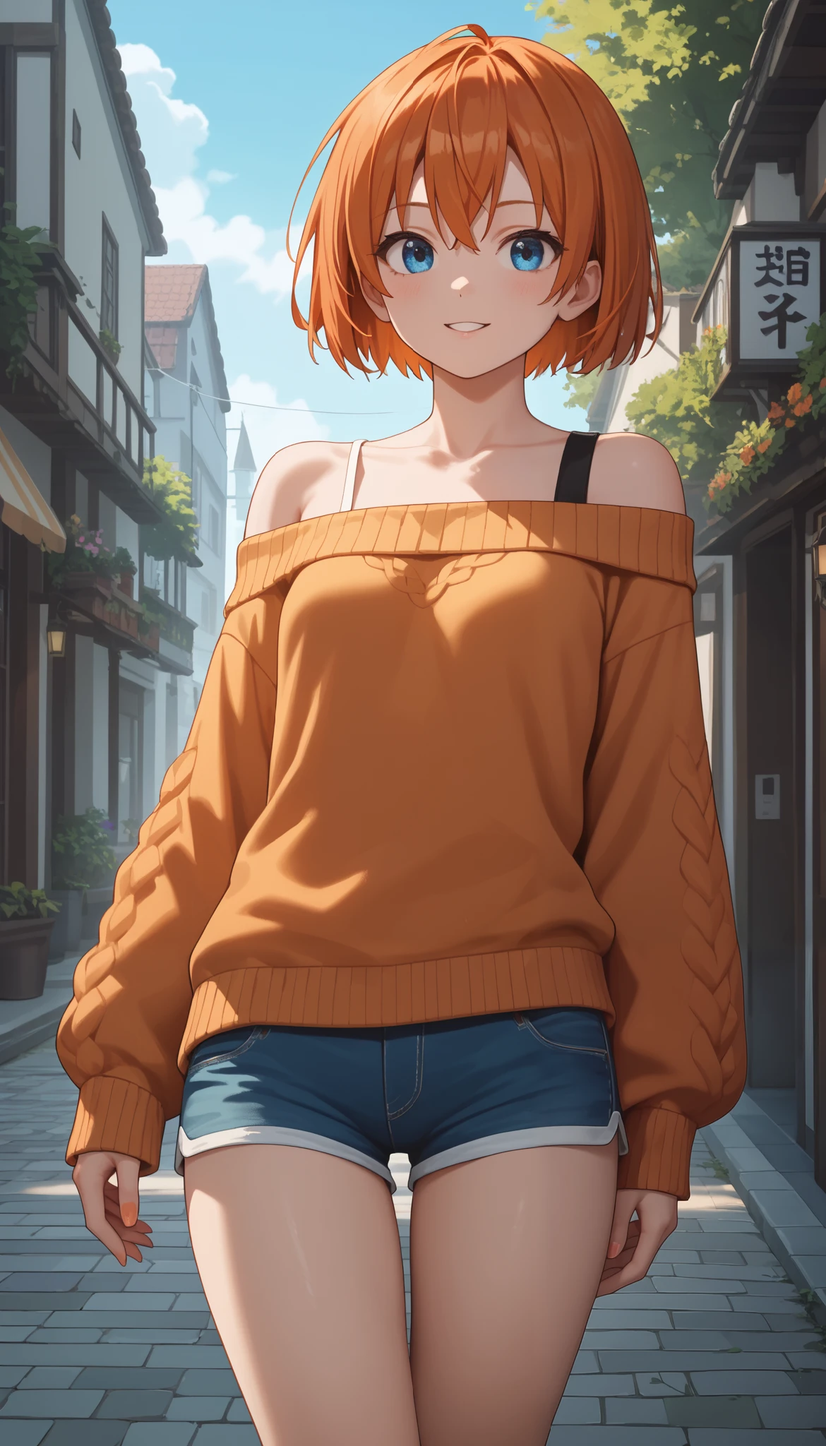 masterpiece,of the best quality, amazing quality, very aesthetic,animated screenshot ,1 girl, Sakura Igawa, orange hair, short hair, dry hair, blue eyes, curvilinear, very small breasts, thigh, off-shoulder sweater, shorts for two, bare shoulder,