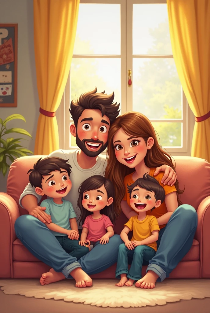 Illustration of a family with a father, Mother, son and daughter sitting on the couch in a drawing style with lightly watercolored strokes