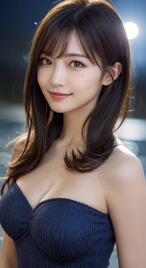18 year old beautiful girl, Big eyes, Large Breasts, Small and slim, 8K, Highest quality, (Highly detailed head: 1.0), (Highly detailed face: 1.0), (Very fine hair: 1.0), Highly detailed official artwork, Anime Moe Art Style, Beautiful and detailed anime art, smile, whole body, Swimwear、sleek long hair