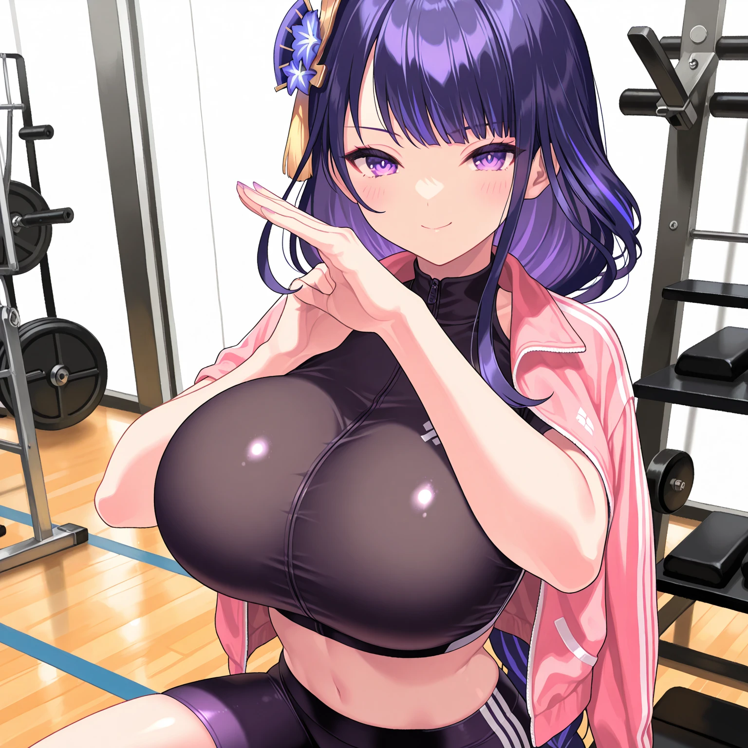 (masterpiece), best quality, expressive eyes, perfect face, gym, workout, hot, sweating, sweaty, tan, big boobs, tan skin, flustered, blush, purple clothes, see thru, yoga pants, black hair, curvy woman , black hair , straight hair, purple eyes, emberased, purple hair, purple eyes