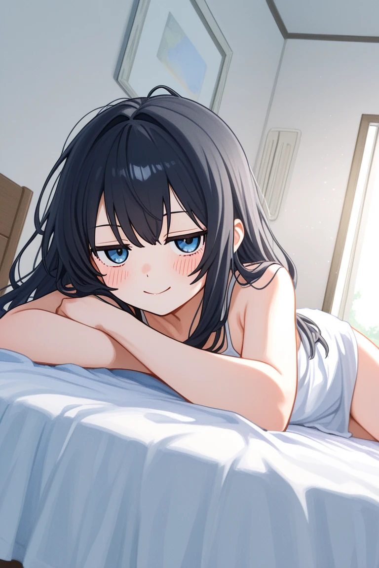 (absurderes、Absolute resolution、incredibly absurdness、hight resolution、ultra-detailliert:1.0、Official art)、master piece, Sharp Focus ,Delicate Beautiful Hair and Eyes and Face, Lifelike, Hyper-detailing, a matural female, Dynamic Hair, slender,pale skin, (Nudists), Wearing white lace panties, natural(large boob:1.1), cleavage of the breast,((The areol)),(teats), Beautiful cute woman,,(delicate dark blue hair),(length hair),Delicate dark blue eyes, , , embarassed expression,(Lying face down on the bed), Lying face down, (Hug a pillow), Buttocks,thighs thighs thighs thighs
