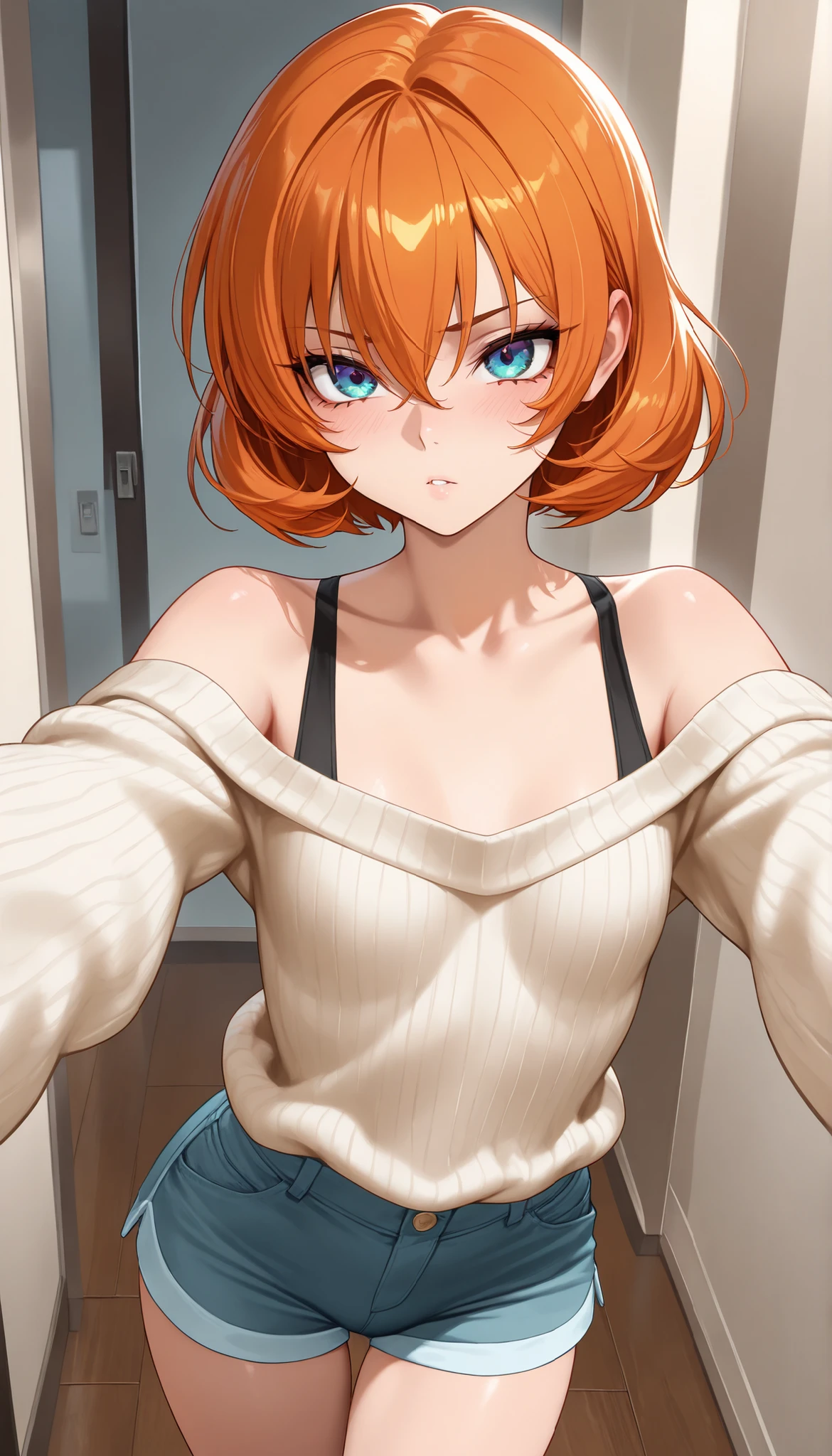 masterpiece,of the best quality, amazing quality, very aesthetic,animated screenshot ,1 girl, Sakura Igawa, orange hair, short hair, dry hair, blue eyes, curvilinear, very small breasts, thigh, off-shoulder sweater, shorts for two, bare shoulder,