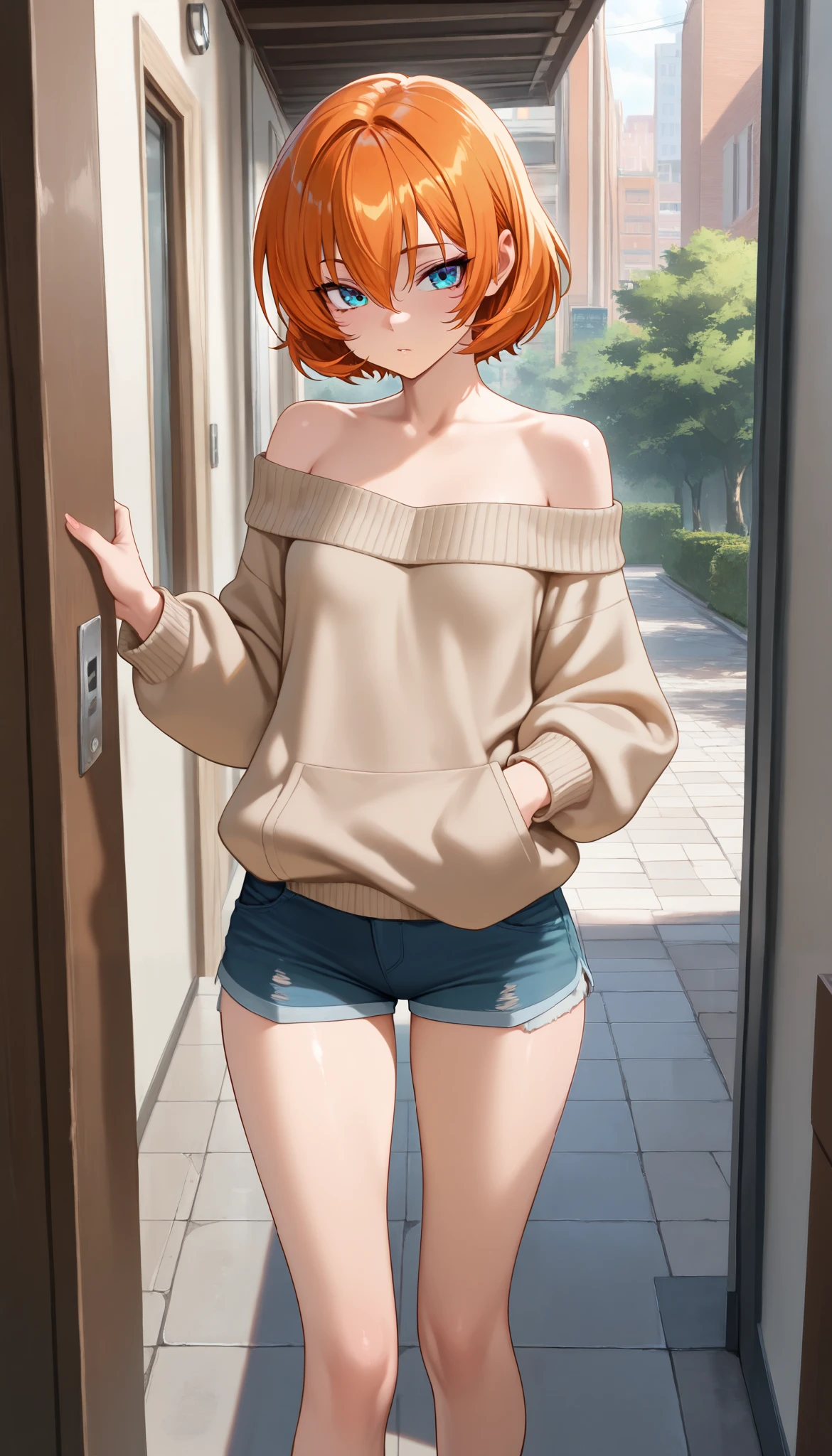 masterpiece,of the best quality, amazing quality, very aesthetic,animated screenshot ,1 girl, Sakura Igawa, orange hair, short hair, dry hair, blue eyes, curvilinear, very small breasts, thigh, off-shoulder sweater, shorts for two, bare shoulder,