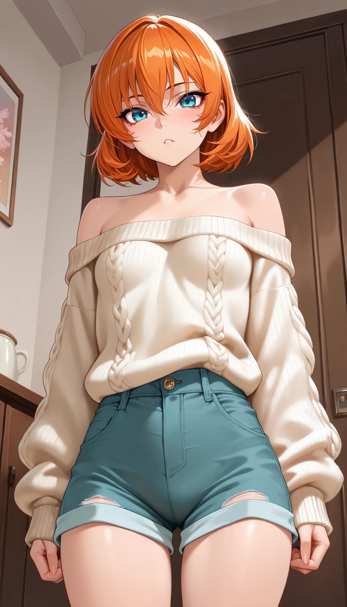 masterpiece,of the best quality, amazing quality, very aesthetic,animated screenshot ,1 girl, Sakura Igawa, orange hair, short hair, dry hair, blue eyes, curvilinear, very small breasts, thigh, off-shoulder sweater, shorts for two, bare shoulder,