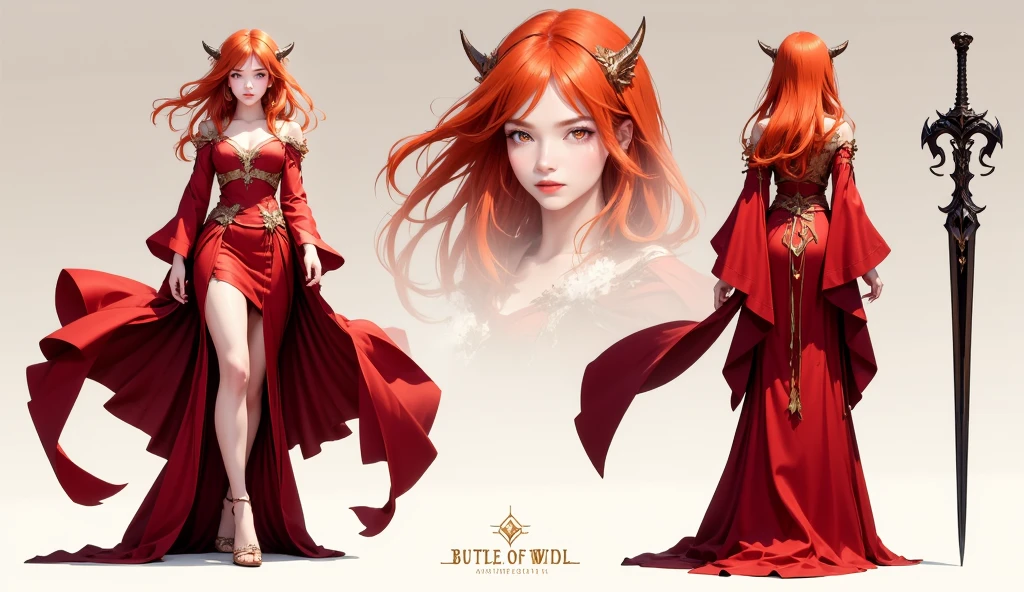 A female mage fighter with flowing red hair, dressed in a tattered robe, casting a fiery spell with one hand while wielding Character Sheet, 12 yo student, Full body, Simple white background, front pose character reference sheet, Concept art, design sheet