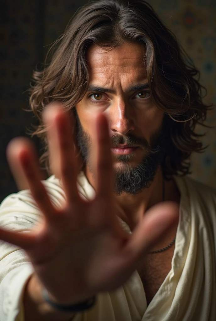 A realistic image of Jesus half far away , looking at the camera with a serious and intense look. He is positioned slightly away from the camera , Your hand is extended, but not covering the face , powerfully drawing attention