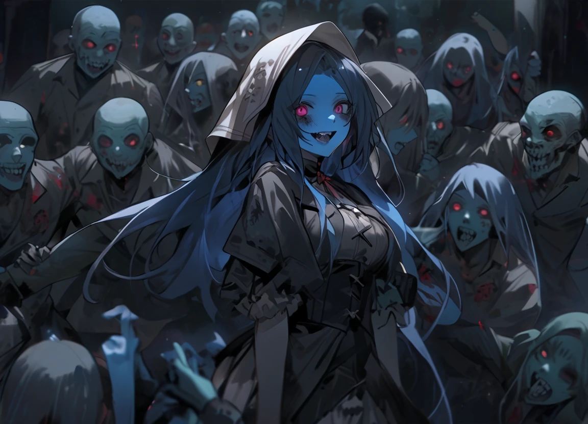zombie girl getting her jaw touched。ZOMBIE FESTIVAL。lots of zombies dancing around the tomb。blue skin。stitch。Zombies only。Dark Atmosphere