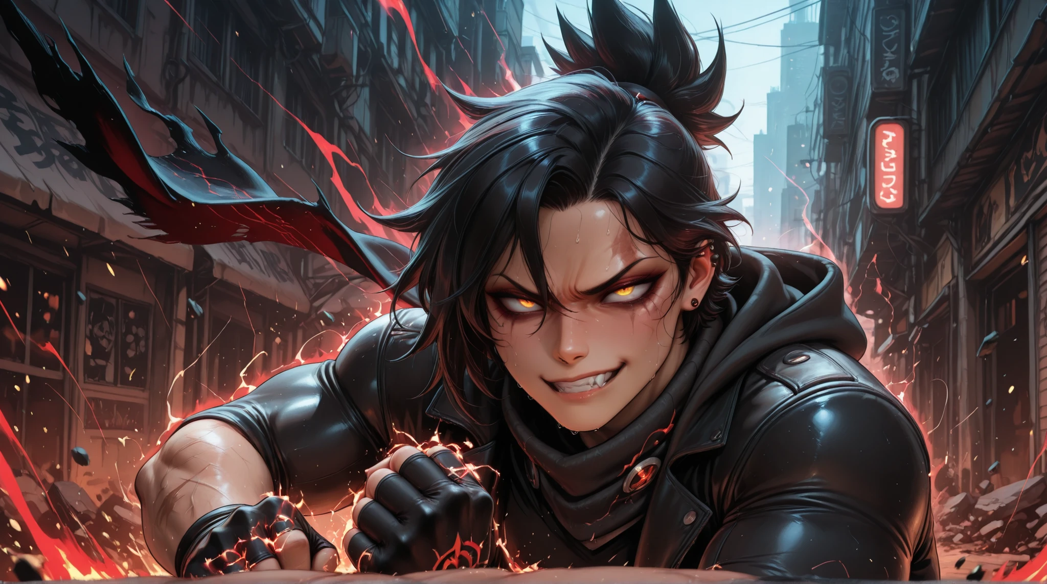 detailed 8k quality, detailed 16:9 aspect ratio. gender: male, chiseled jawline, sharp cheekbones, hooded eyes, piercing gaze, spiky windswept hair, muscular, broad-shouldered, veiny arms, battle scars, tattoos, hawk-like eyes, slitted pupils, glowing, leather jacket, tattered scarf, cybernetic arm, glaring, sneering, clenching fists, bloodied, sweat-drenched, crackling aura, ominous energy trails, floating debris, crumbling city background
