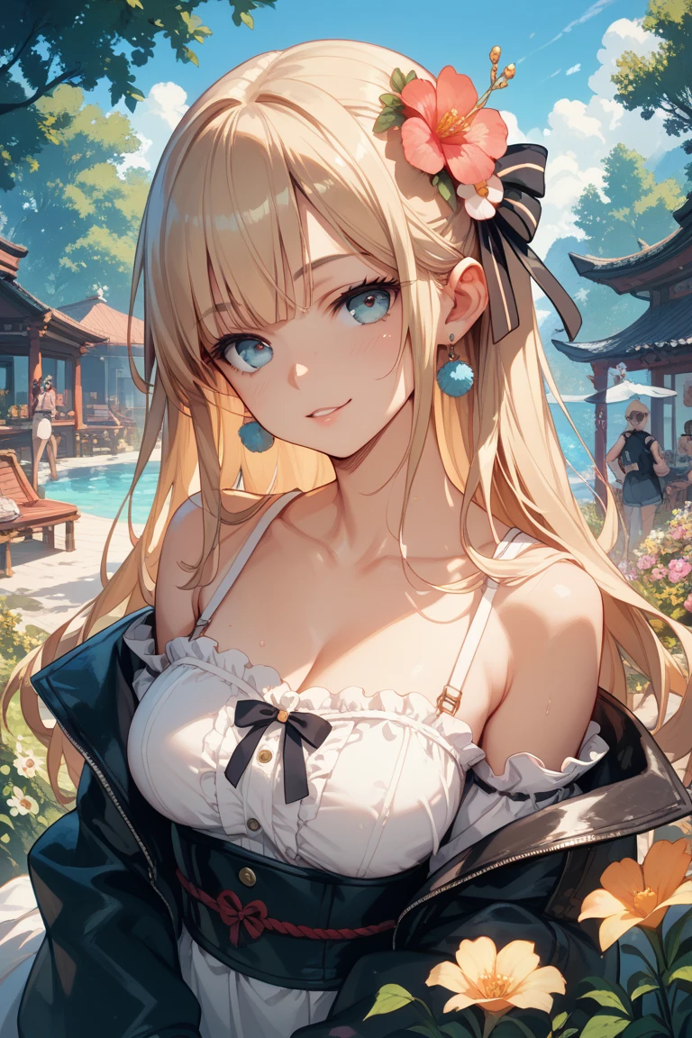 High resolution、Super detailed、(1 girl:1.3)、complex architecture、lush garden、Designing images using the fisheye effect、Capture a wide field of view with a unique curved perspective、panoramic cityscape、Creating elevation-aware rooftop views in urban environments、smile、cleavage、close up of face