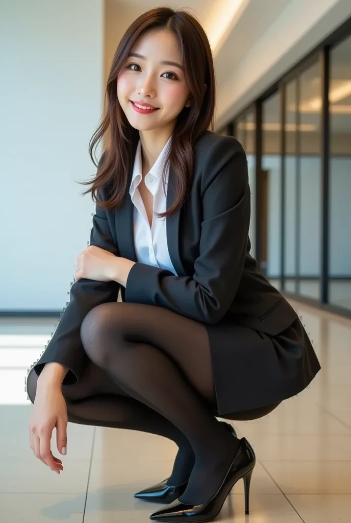 Beautiful black eyes、dual、natural skin textures:1.8, realistic eyes and face details:1.8、middlebreasts、in 8K,Best Quality:1.4, 超A high resolution:1.5, (Photorealistic:1.4),masterpiece:1.2,(top-quality:1.4)、 Raw photo、 (the background is blurred), Girl in 1, Cute, (Full body:1.4)、realistic shadow、beauty legs:1.2、tight skirts、white shirt, (Solo:1.4), (Shy smile), 、 (Brown medium hair,Bangs),nogizaka,Beautiful body, Navy Business Suit, Secretary、During the break、super model、Black pantyhose、gravure,pantyhose,pantyhose
