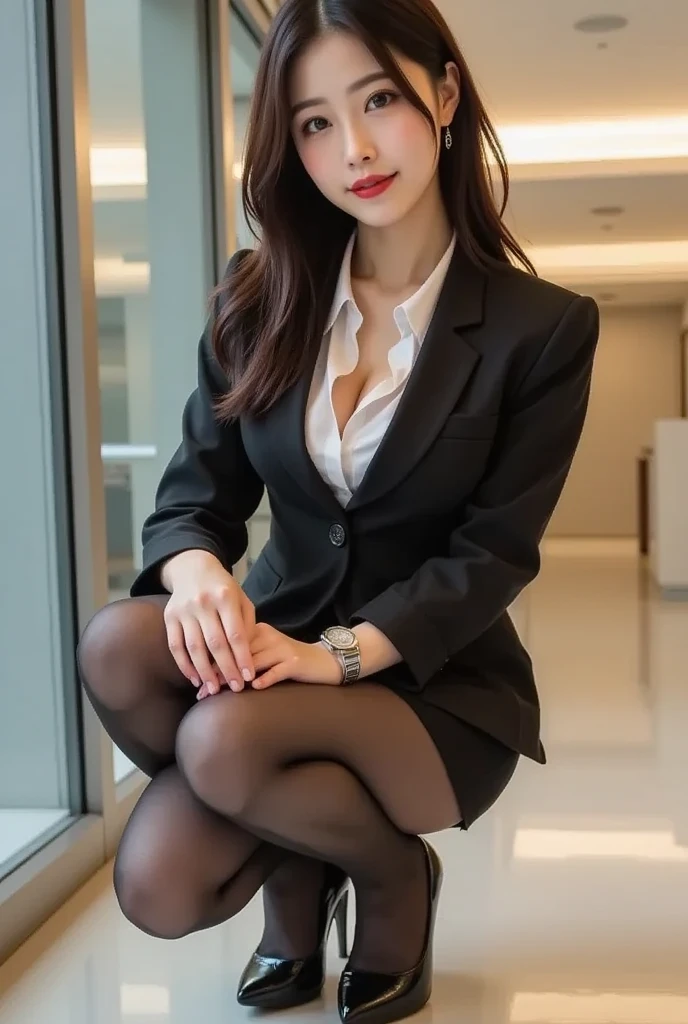 白いbusiness suitを着たエレガントな女性, Face :8,781393024], (Beautiful feet、Thighs Thighs Thighs Thighs、Black Pantyhose)、sitting at a desk in an office、厳格な白いbusiness suitを着用, Luxury Suits, Girl in suit, Girl in suit, Dressed in a strict suit, Elegant suits, Ekaterina, business suitを着て, business suit,　business suitを着用する, smile、Meeting Preparation、born,(8k、highest quality、masterpiece:1.2)、(ｑIntricate details:1.4)、(Photorealistic:1.4)、Octane Rendering、Complex 3D rendering with ultra-detail, Studio Soft Light, Rim Light, Vivid details, Super Detail, Realistic skin texture, Detailed aspect, Beautiful details in the eyes, Highly detailed CG Unity 16k wallpaper, compensate, (Detailed Background:1.2),Glowing Skin、Exposed thighs!!!