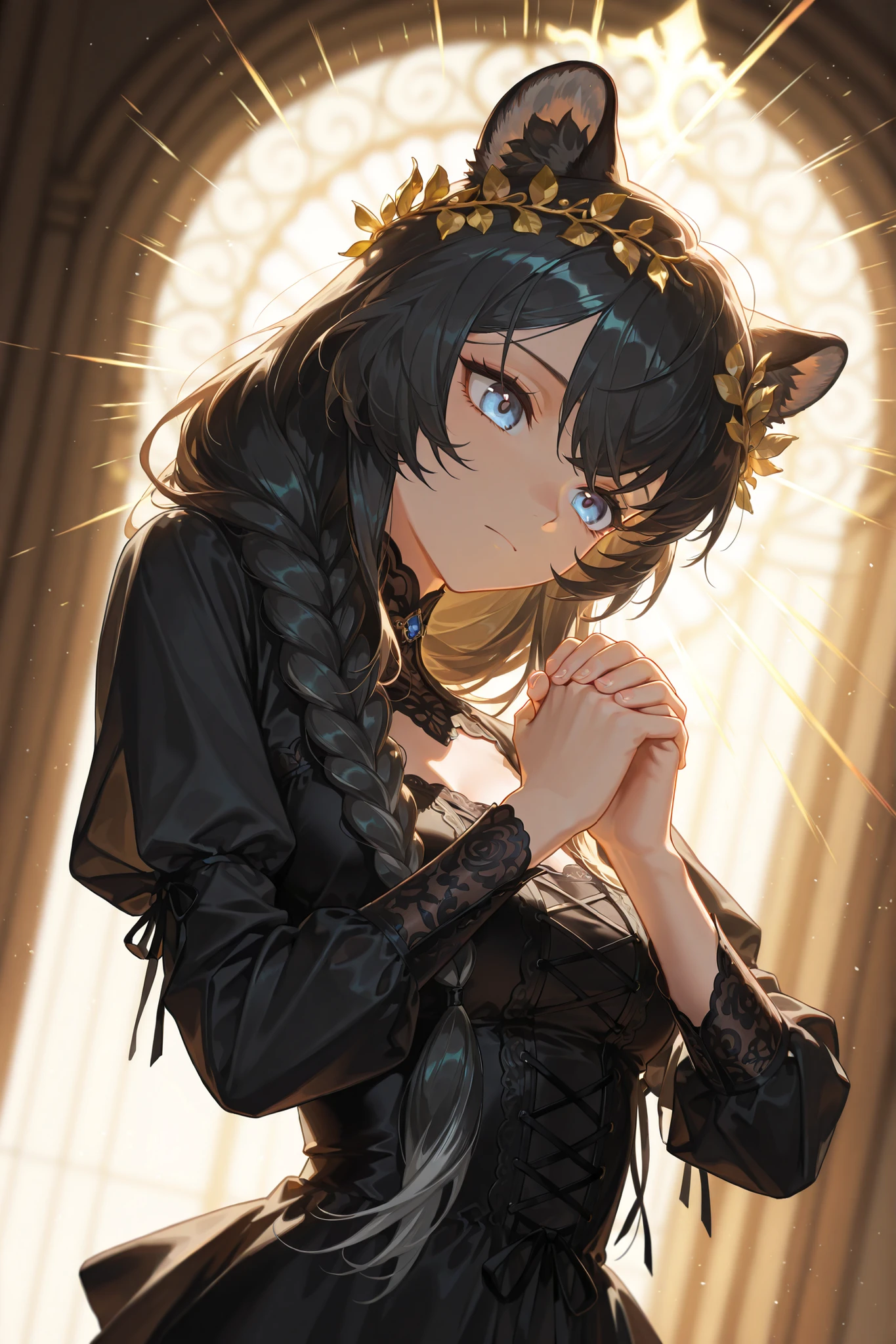 style of [arknights|(748cmstyle:0.5)], god rays, vivid colours, light stream, colour splotches, cinematic shot, mature, young adult, masterpiece, best quality, amazing quality, very aesthetic, high resolution, ultra-detailed, absurdres,
1girl, woman, solo, alone,(dynamic pose, side eye, upper body focus, dutch angle, three quarter view, close up, medium shot:1.2), (fu hua, FuHua:0.22), blue eyes, leopard ears, fluffy hair, black dress, laced dress, priestess, magical wreath, closed mouth, soft expression, praying, clasped hands, french dress, herrscher of sentience, long hair, black hair, braid, novuschroma79 style, glitch art photo
BREAK, depth of field, volumetric lighting
 