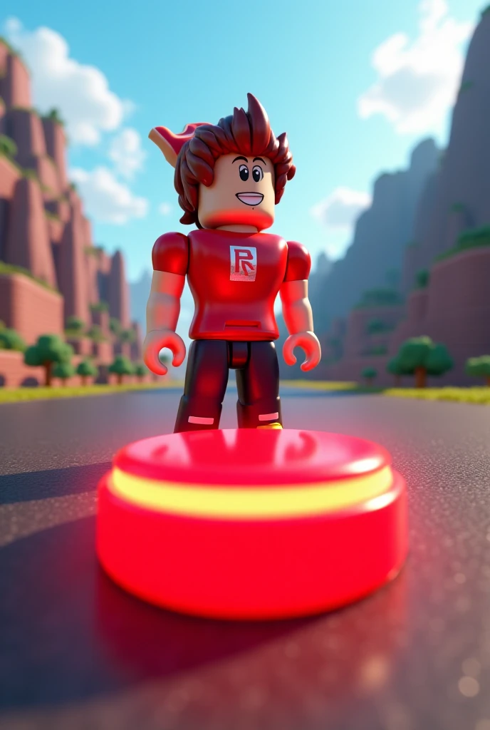 A Roblox noob character with bacon hair standing in an open-world game map. He looks excited and curious, staring at a big, glowing red button on the ground.