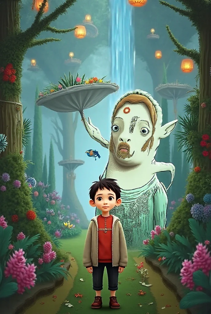 A boy and a large white monkey are sitting on a stump, facing each other. In the forest, horse chestnuts are falling. Sunlight filters through the leaves.
