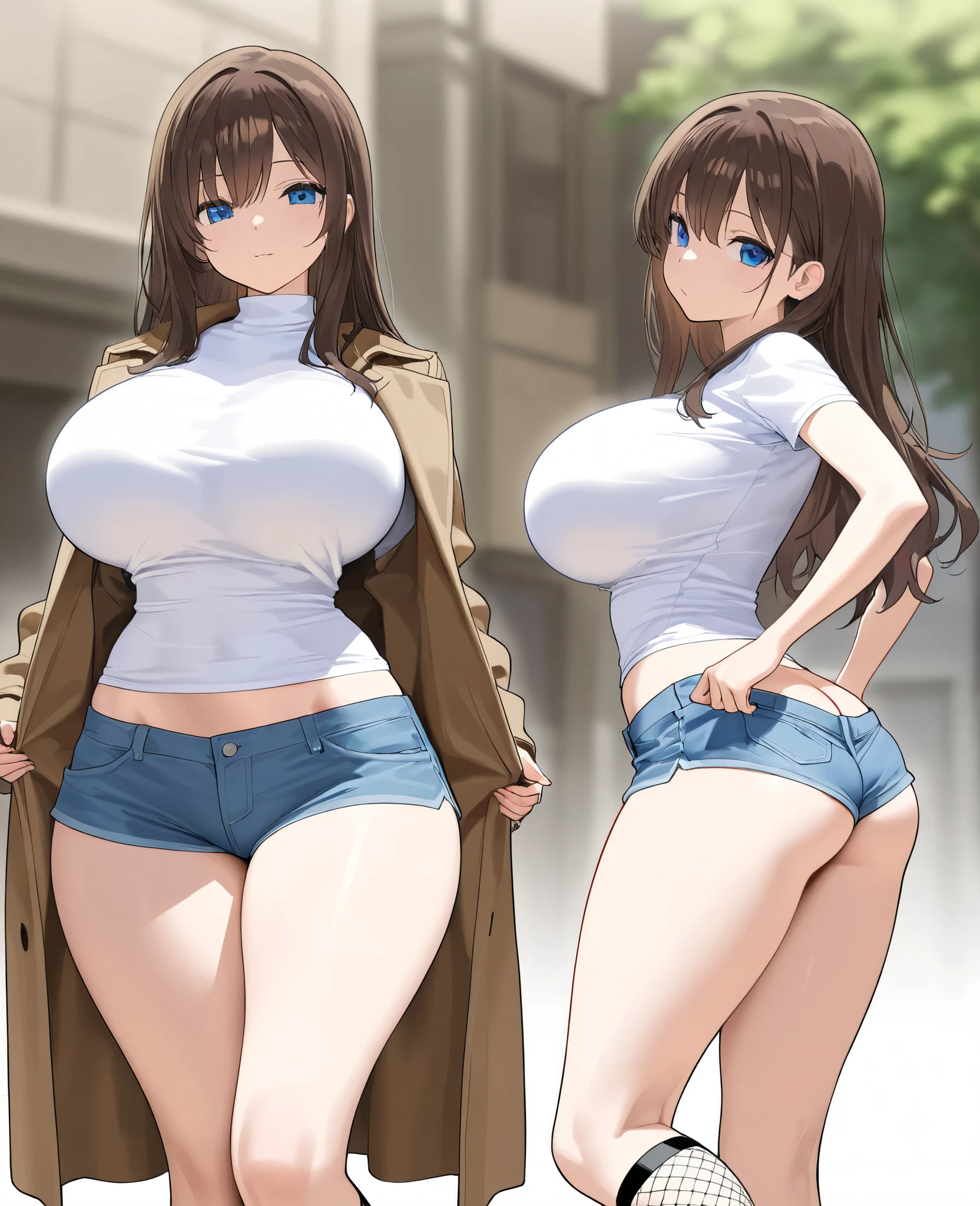 ((midynight, best qualtiy, 8k, tmasterpiece :1.3)), full bodyesbian, long leges, Sharp focus :1.2, A beautiful woman with a perfect figure :1.4, Slender abs :1.1, ((dark brown hair, gigantic cleavage breasts,nakeness:1.2)), (white tight t-shirt, Denim bib, standing on your feet:1.2), (nighttime scene, the roof:1.3)), Highly Detailed Face and Skin Textur, Fine Eye, 二重まぶた