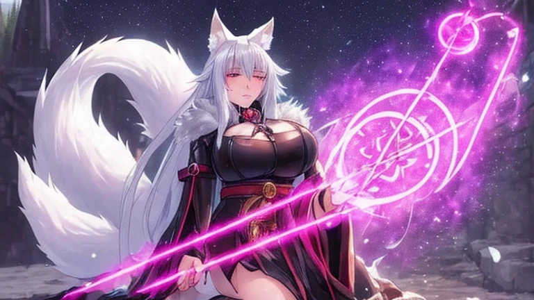 high resolution, kitsune, fox girl, anime, busty, silver white hair and fur, silver fox ears, silver fox tails, mage, spell caster, fantasy mage clothing, full body, , character reference sheet, solo, long hair, sfw, vtuber, beautiful, white background, open eyes, standing, tall,