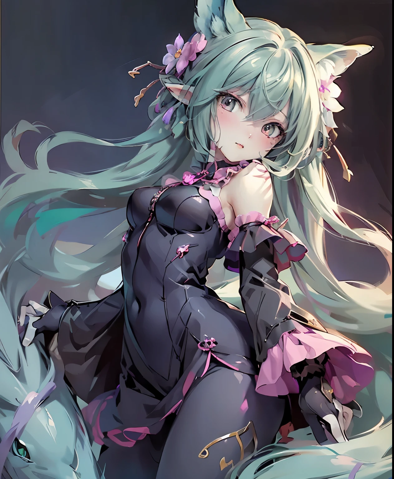( masterpiece、 of the best quality、 of the best quality、official art、 beautiful and beautiful :1.2)、(one girl:1.3) ,、Light green twin-tail, beautiful breasts,( masterpiece、 of the best quality、 of the best quality、official art、 beautiful and beautiful :1.2)、(one girl:1.3) ,、Light green twin-tail, beautiful breasts, Cute Monster Girl with Big Eyes , Adorable Monster Girl , Halloween Monsters, Creepy and Cute Monster , Whimsical Monster , monster, Monster Girl with Big Eyes , 色とりどりの髪のmonsterの女の子, Monster Girl in Playful Poses, Monster girl with a gentle expression , playful monster , cute monster character , bright colors, pastel color, soft writing, fantasy art, Digital Painting, Art Station Quality , 8k, very detailed, intricate details, clean lines, Smooth shading, painting style, happy halloween
