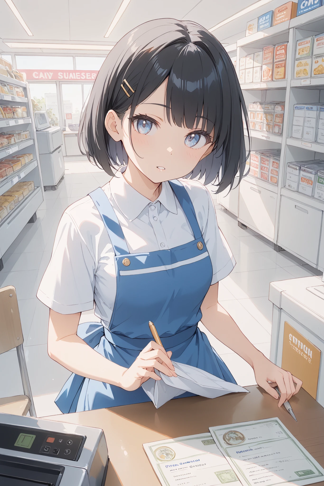 one girl、18 years old、has a young face、black hair、short bob、convenience store、Part-time job、uniform and apron、cash register table