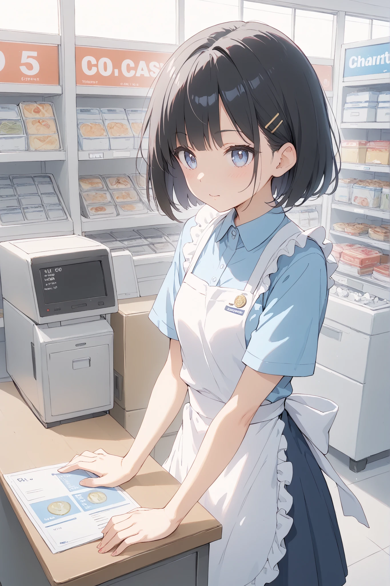 one girl、18 years old、has a young face、black hair、short bob、convenience store、Part-time job、uniform and apron、cash register table