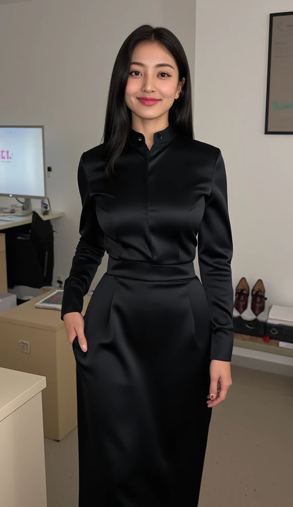 1 femme, Long Wavy Hair, dark brown eyes, black business dress, in an office, standing straight, looking happy, jupe courte, italie,