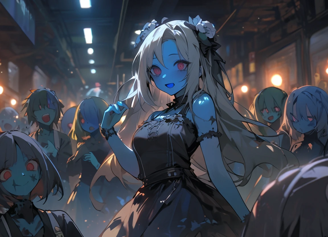 zombie girl getting her jaw touched。ZOMBIE FESTIVAL。lots of zombies dancing around the tomb。blue skin。stitch。Zombies only。fun atmosphere。