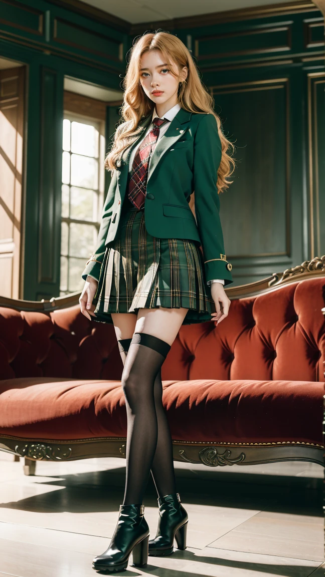 UHD,8K,girlvn01, 1girl,school,Big Eyes,Stunningly Beautiful Girl,green suit,Epaulette, pleated plaid green skirt,plaid red necktie, Long shaped face,Sandy Blonde side-swept hair,standing ,black stocking ,sofa,student boots high heels,full body,