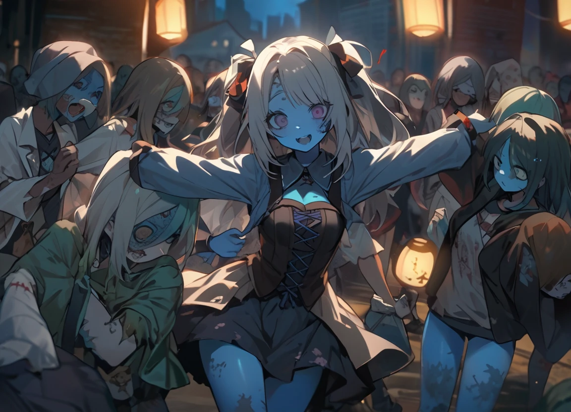 zombie girl getting her jaw touched。ZOMBIE FESTIVAL。lots of zombies dancing around the tomb。blue skin。stitch。Zombies only。fun atmosphere。