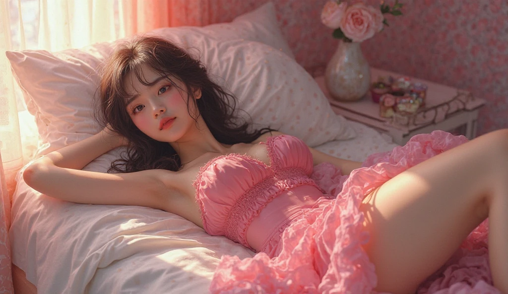 hyper realistic woman laying on a bed with a rose in her hand,  beautiful latina girl, soft beautiful HD skin, perfect body, looking directly at the camera, dressed in a pink dress, coquette girl vibe, pink silky dress, with pony tail with a pink ribbon, wearing pink floral gown, in a dress, wearing a pink dress, pink dress, sitting on her bed, kylie jenner, 🎀 🧟 🍓 🧚, sitting in her room, holding a flowers, soft silk dress
