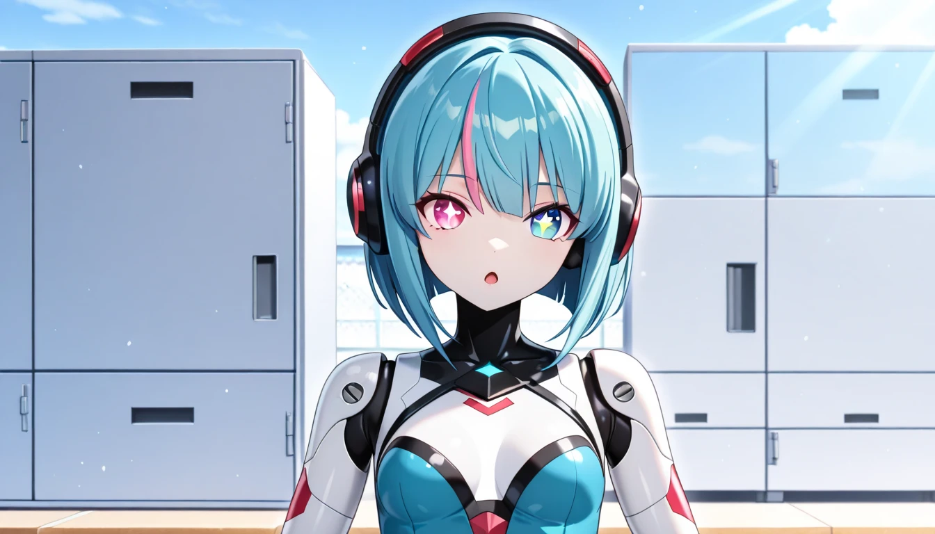 Anime Reality,Soft Light, masterpiece, best quality,high quality,Delicate face, Practical,photoPractical,1 Girl,
Bulma Dragon Ball, Bulma briefs,White tights,Red Eyes,Pilot suit,short hair,Blue Hair,Bangs,Interface Headphones,turtleneck sweater,Hair between the eyes