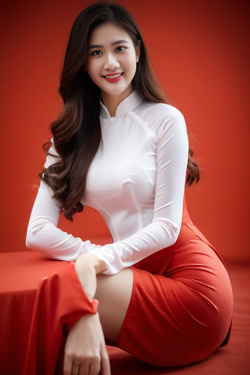 VIETNAM BEAUTIFUL GIRL WEAR AODAI, AO DAI RED COSTUME, VIETNAMESE, ((tet holiday in vietnam)), 4k, masterpiece,, stunning beautiful idol detailed face, all body , (vietnam model girl), nsfw, sexy, see-though clothes, light smile, make up, big , red color, ((tet red color backdrop))