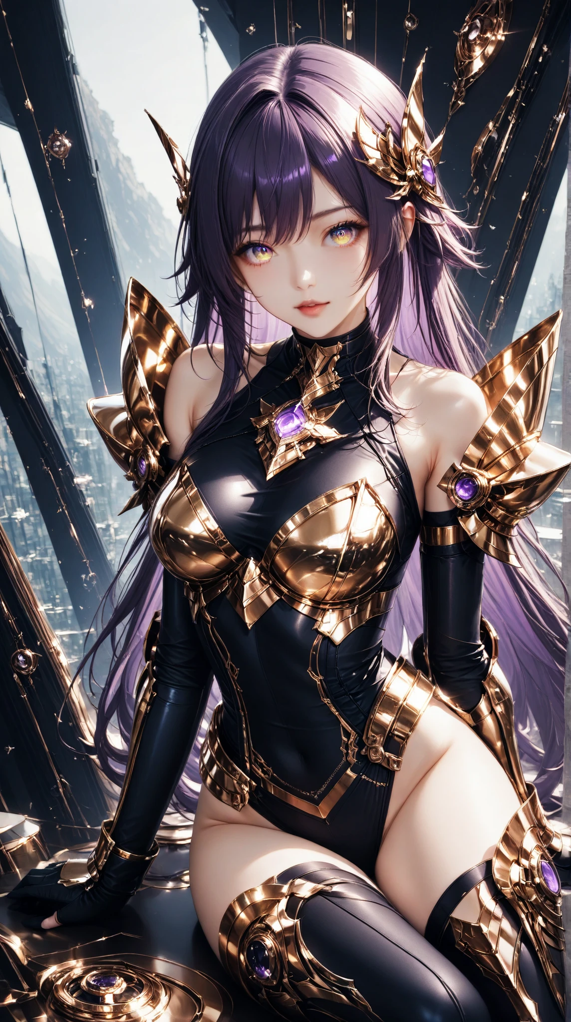A girl, purple hair, long hair, straight hair, dog ears, bland and gold 1:2 latex suit, dog tail, fluffy tail, black tail, purple eyes, eye shadow, medium breast, slim waist, nose, night forest background, natural moon light, front view, dominance smile, depth of field, masterpiece quality, 16k, UHD, high quality, high resolution, super detailed eyes, super detailed image, sharp image, sharp focus, 32k, 64k, ultra detailed image,
