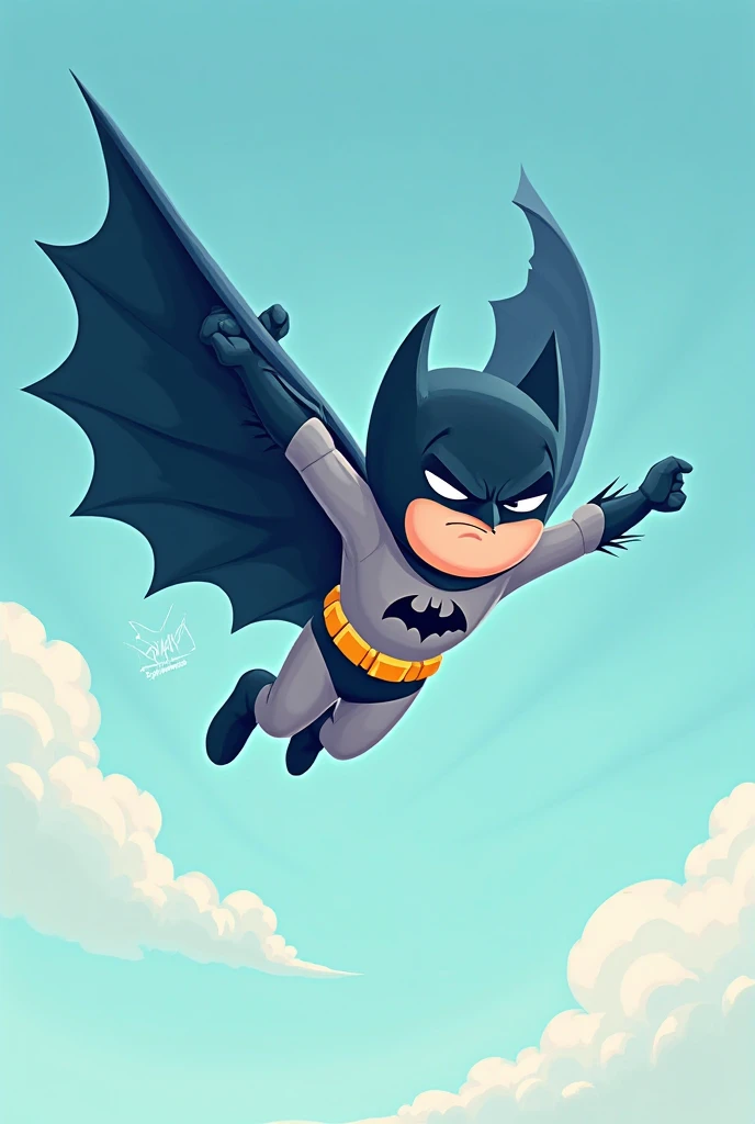 Blue cartoonish batman gliding with his cape
