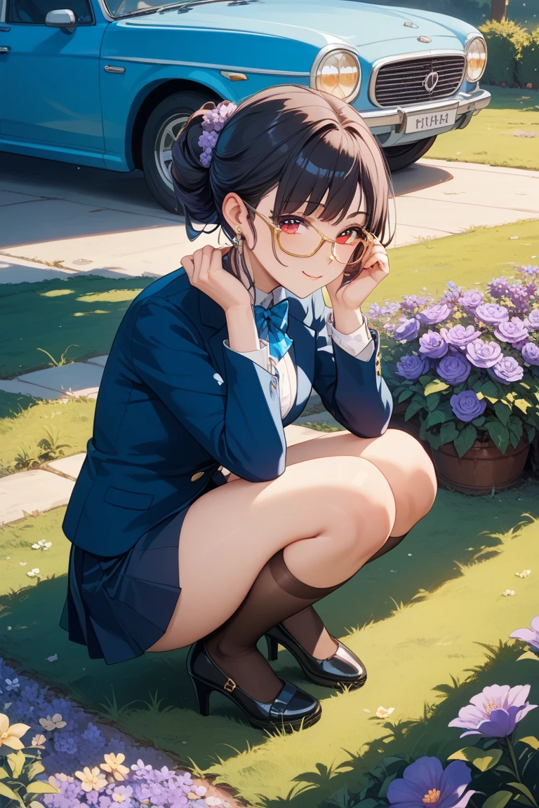 (Beautiful 18 year old Japanese woman), Cute Face, Navy Blue Blazer,Ribbon tie,Red tartan check skirt, tiny socks,sneakers,Glasses,(Deeply chiseled face:0.7), (freckles:0.6), Soft Light,Healthy white skin, Black Hair,Bobcut, (Sparkling eyes), thin,garden,Blue sky,Very large breasts,sitting down