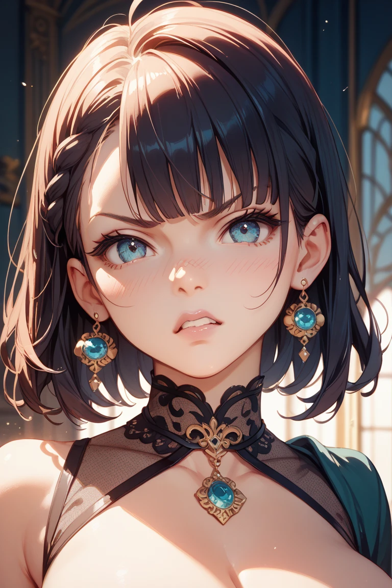 (masterpiece, top quality, very aesthetic, 4k、illustration), ()、intricate detail, 1woman,solo,contrapposto 、(gradient eyes、tareme)、very short hair、asymmetrical bangs,Fair skin,(upper body)、beautiful women、Cleavage、clear face、(),beautiful face、(gradient hair)、(brown hair)、sidelock ,,green eyes、Knight、medium breasts、slender 、
