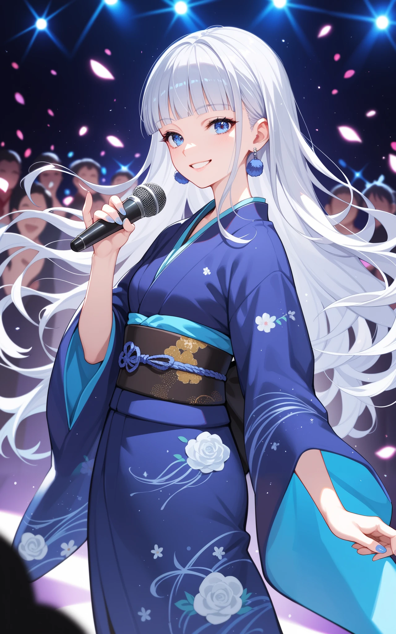 female, silver hair, blunt bangs, long hair, Blue eyes, Night club, kimono, smile, clubbing, microphone, anime, clothing audience,