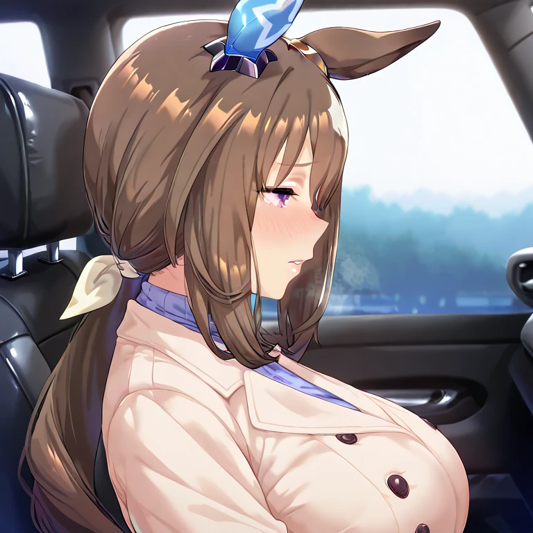 (Best Quality, masterpiece), 1 girl, intricate details, off the shoulder, Skirt, choker, steering wheels, transparent, looking at the viewer, blush, Upper part of the body, blurred background, floral print, contrasted huge breasts showing the shell, a penis coming out of the shell