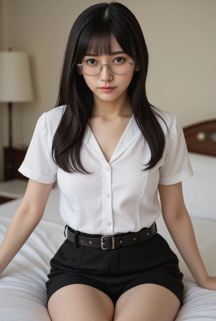 ulzang-6500-v1.1,(RAW photo:1.2), (Photorealistic:1.4), Beautiful Meticulous Girl, very detailed eyes and faces, Beautiful detailed eyes, absurderes, unbelievable Ridiculous, hugefilesize, ultra - detailed, A high resolution, The is very detailed,best qualtiy,tmasterpiece,kemomimi,((Japanes girl' high school uniform)),illustratio,The is very detailed,CG,unified,8k 壁纸,Amazing Cleavage,finely detailled,tmasterpiece,best qualtiy,The is very detailed的 CG unified 8k 壁纸,light in face,cinmatic lighting, 1girll, 16 years old,(wears glasses),(((dynamicposes))),(Camel toes),(A half body),((Pantyhose)),((Sit with your knees folded))