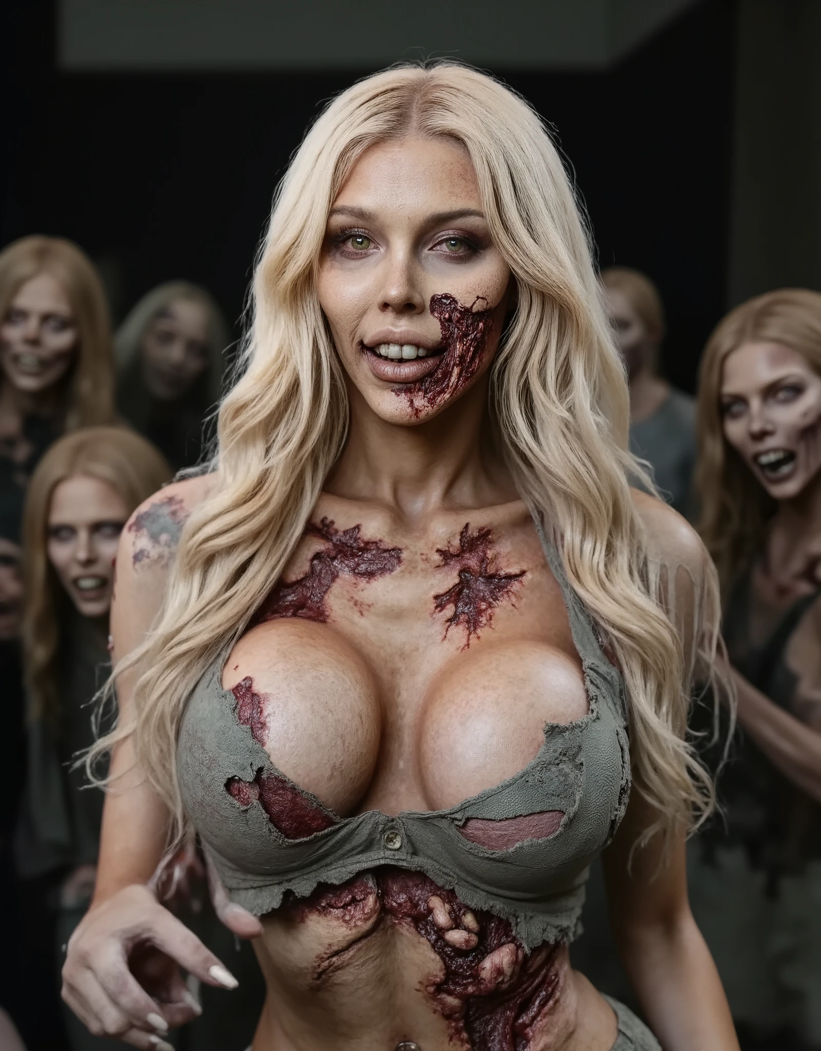 Zombie girl surrounded by other male zombies, rotting flesh, open wounds, undead, horror, open mouth with rotting teeth and blood, severed nose, exposed bone, blood and gore, bloody wounds, torn flesh, one arm reaching out to the viewer, 