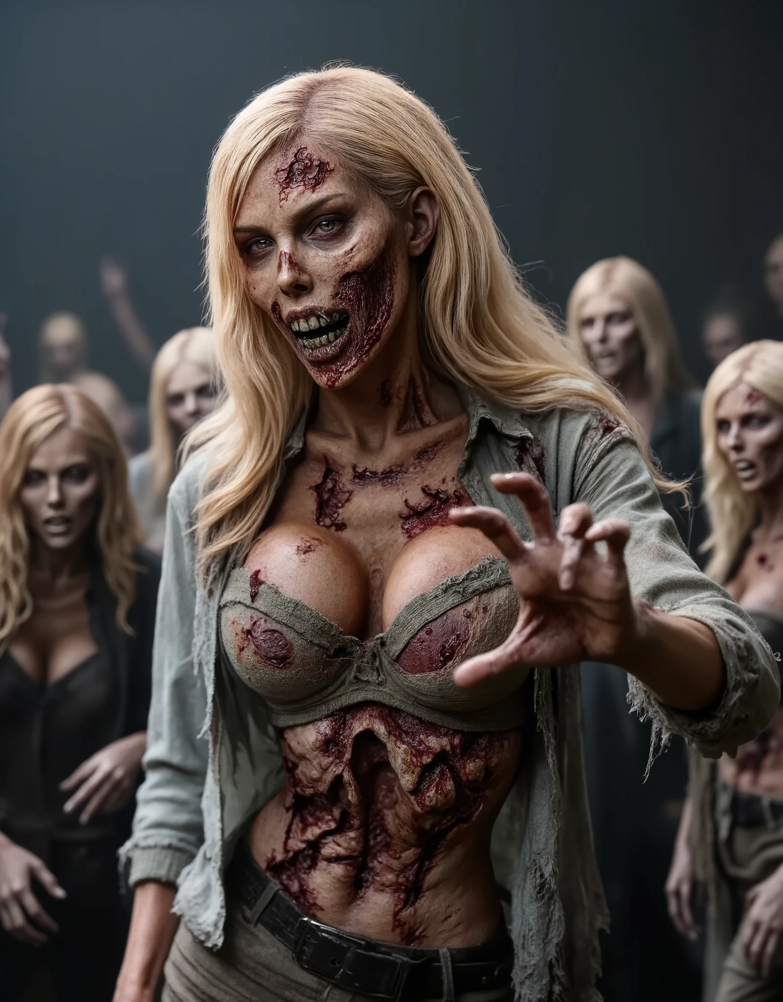 Zombie girl surrounded by other male zombies, rotting flesh, open wounds, undead, horror, open mouth with rotting teeth and blood, severed nose, exposed bone, blood and gore, bloody wounds, torn flesh, one arm reaching out to the viewer, 