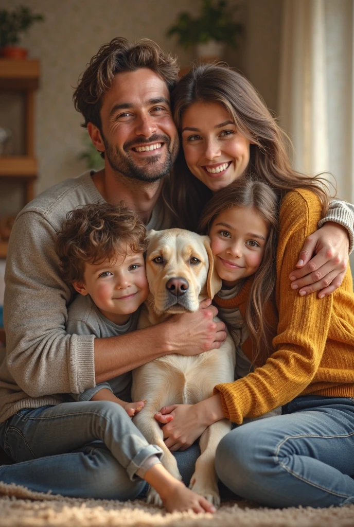 Man with beard and short hair , woman with glasses and long black hair , an girl with green eyes and blonde hair , A baby with grey eyes and blonde hair, next to a white French poodle . All in a family photo.